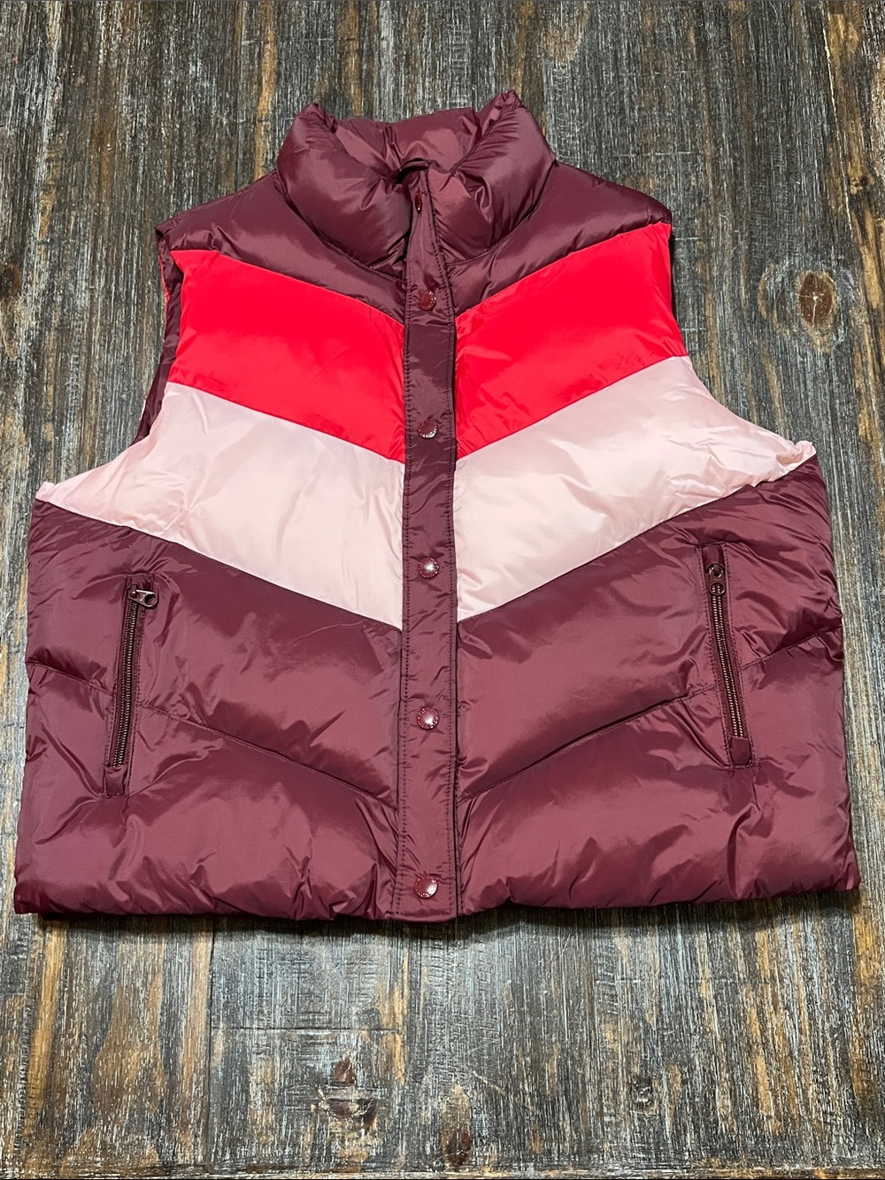 Old Navy Maroon, Red & Light Pink Colorblock Puffer Vest